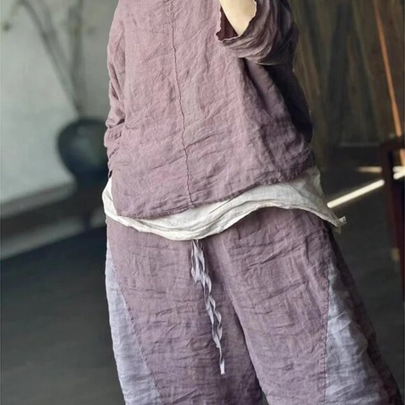 Pants - 100% Linen Summer 2-piece set, Harem Pants and Top, One Size, Pale Pink/Purple